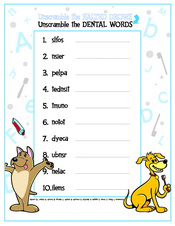 Unscramble the Dental Words activity sheet at Pediatric Dentist Office in Clarks Summit